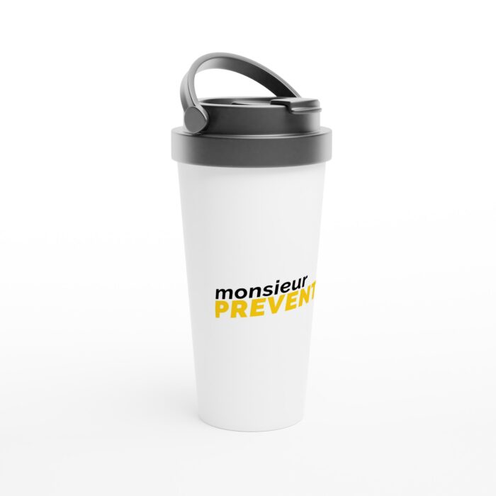 Mug de voyage isotherme "Monsieur PREVENTION" en acier inoxydable blanc – 45 cl (15 oz)